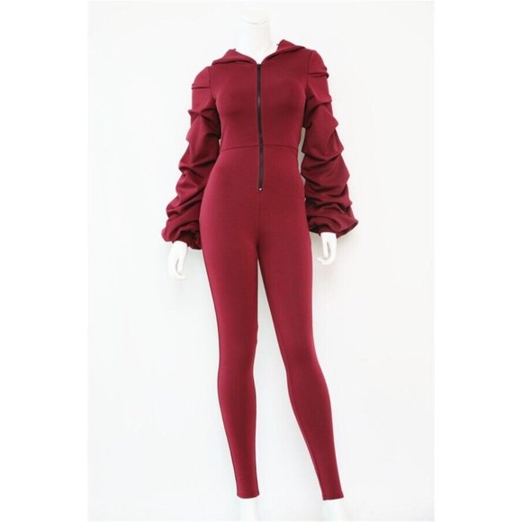 Boutique Pants - Women's Pinched Sleeves Zipper Front Hoodie Jumpsuit